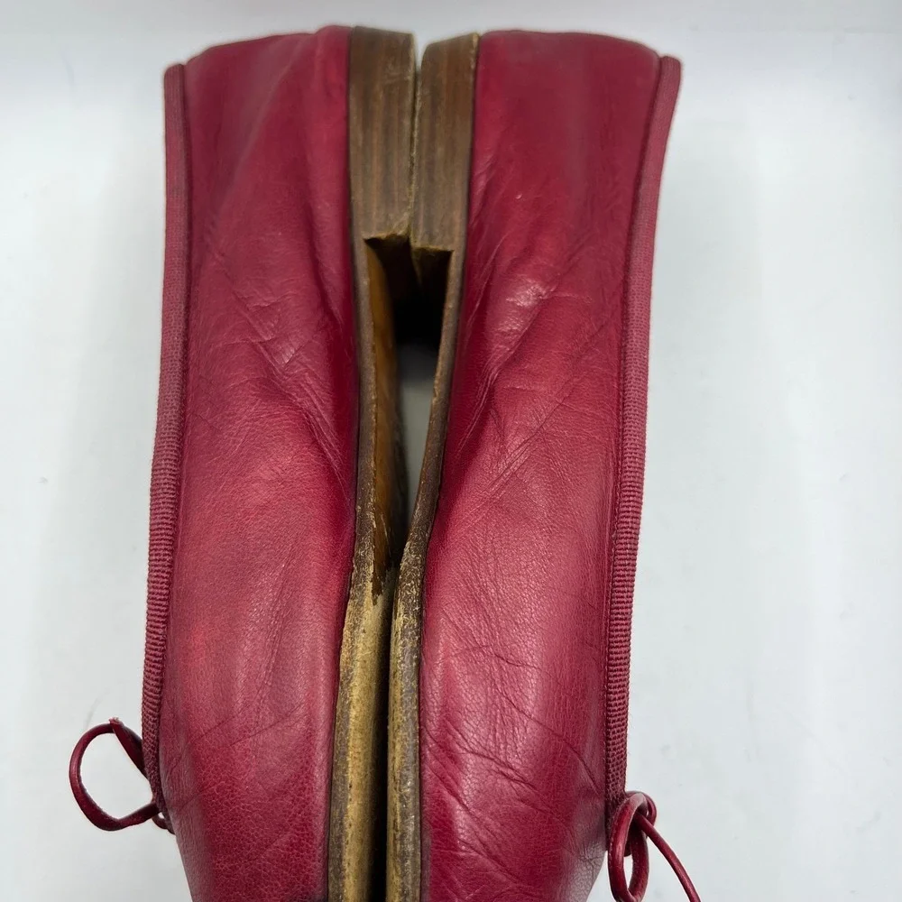 CHANEL Cap Toe Ballet Flats Red Black Leather Bow Size 37 Made in Italy